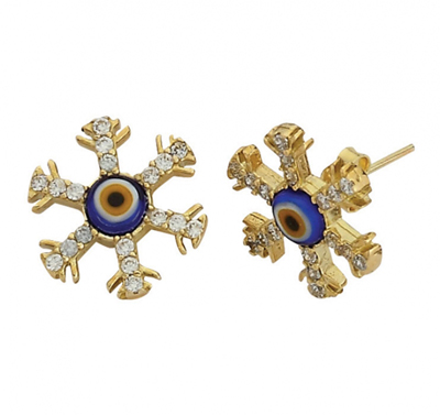 Nazar Boncuklu Kar Tanesi Altın Küpe