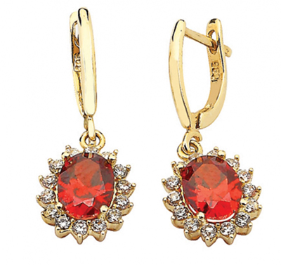 Kırmızı Büyük Oval Taşlı Altın Küpe