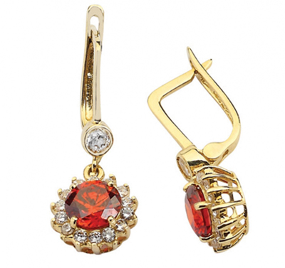 Kırmızı Yuvarlak Taşlı Altın Küpe