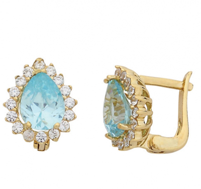 Turkuaz Damla Taşlı Altın Küpe