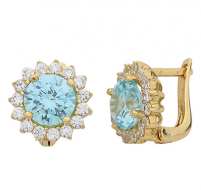 Turkuaz Yuvarlak Taşlı Altın Küpe