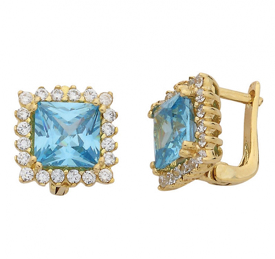 Turkuaz Kare Taşlı Altın Küpe