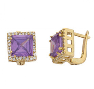 Mor Kare Taşlı Altın Küpe