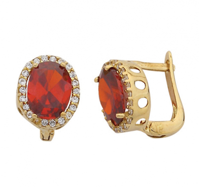 Oval Kırmızı Taşlı Altın Küpe