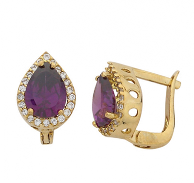 Mor Damla Taşlı Altın Küpe