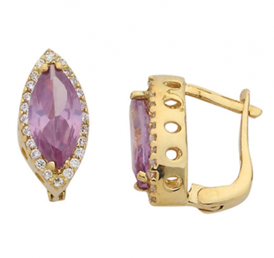 Mor Markiz Taşlı Altın Küpe