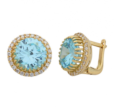 Büyük Yuvarlak Turkuaz Taşlı Altın Küpe