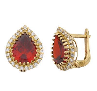 Damla Kırmızı Taşlı Altın Küpe