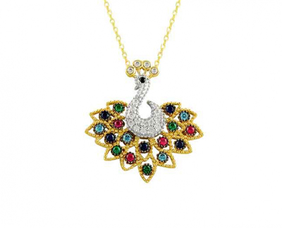 Çok Renkli Tavus Kuşu Altın Kolye