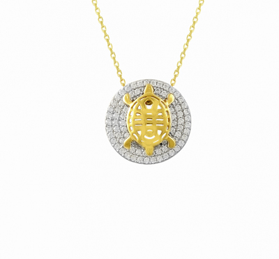 Beyaz Daire Üstünde Kaplumbağa Altın Kolye