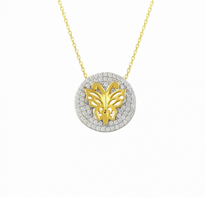 Beyaz Yuvarlak Üzerinde Kelebek Altın Kolye