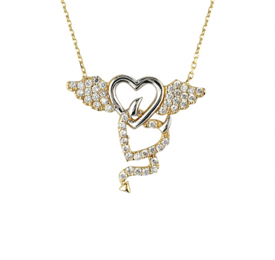 Şeytan ve Melek Figürlü Kalp Kolye