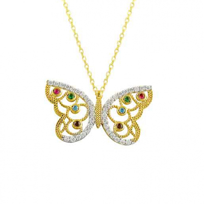 Renklı Taşlı Kelebek Altın Kolye