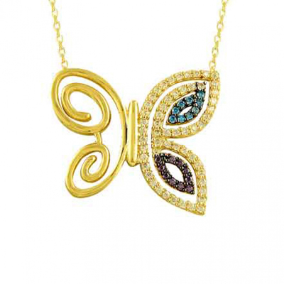 Renkli Taşlı Kelebek Altın Kolye