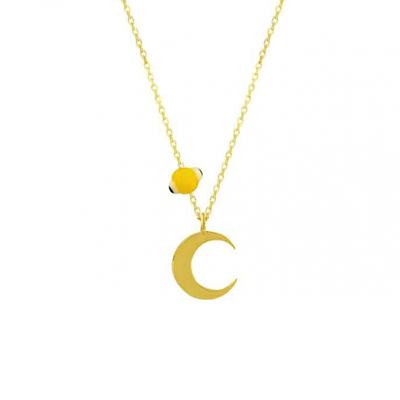 Sarı Nazar Boncuklu Ay Altın Kolye