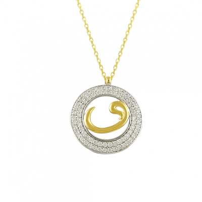 Taşla Çevrili Yuvarlak İçinde Vav Altın Kolye