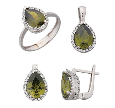 Yeşil Damla Taşlı Altın Set