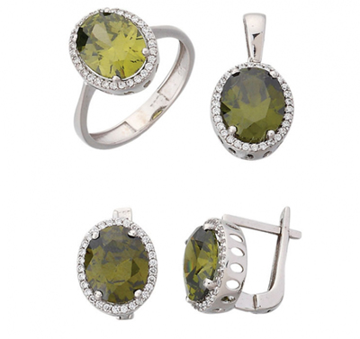 Oval Beyaz Yeşil  Taşlı Takım