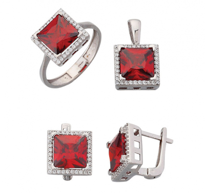 Kare Taşlı Kırmızı  Üçlü Set