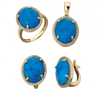 Firuze Mavi Taşlı Altın Set