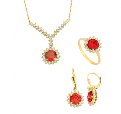 Kırmızı Çiçek Motifli Altın Set