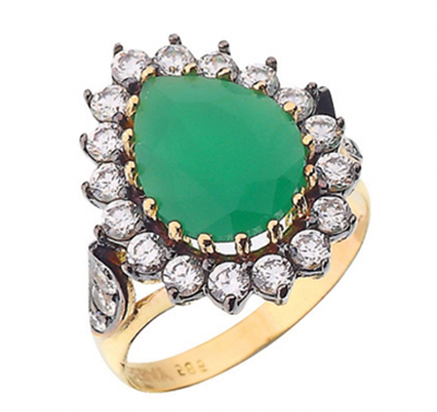 Büyük Yeşil Damla Taşlı Sarı Altın Yüzük