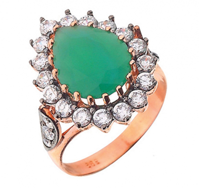 Büyük Yeşil Damla Taşlı Roz Altın Yüzük